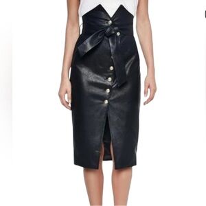 Bardot Belted High Waist Faux Leather Black Pencil Skirt with Gold Buttons